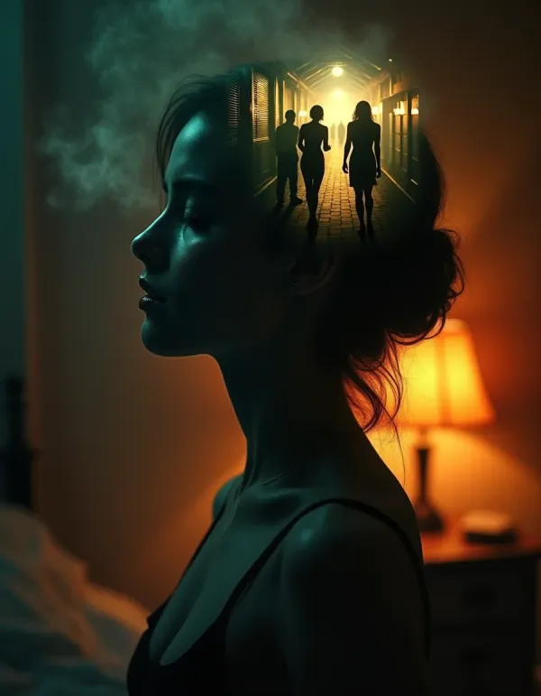 Split cinematic image: fantasies in the head, calm real-life intimacy.