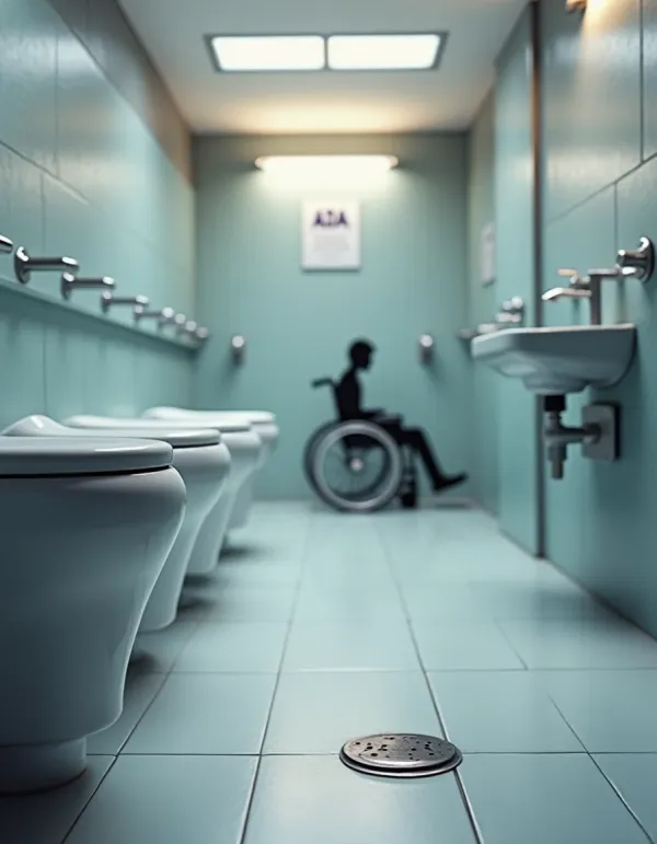 Modern restroom showing a foot pedal and touchless sensors highlighting accessibility.