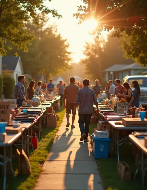 Sunlit suburban garage sale with early birds, hagglers, and a smiling child.