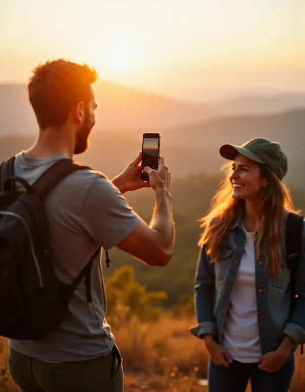 Man pockets his phone after a quick sunset snapshot with friends.