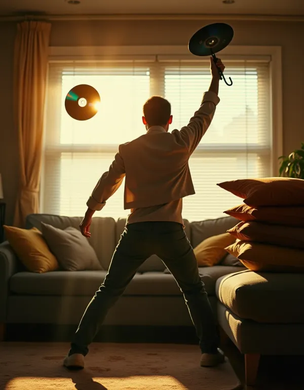 A person in a heroic pose in a living room, cushions as weapons, cinematic golden-hour light