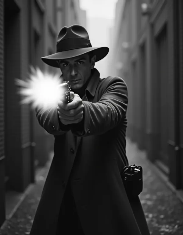 Black-and-white cinematic still of a character firing a pistol from the hip.