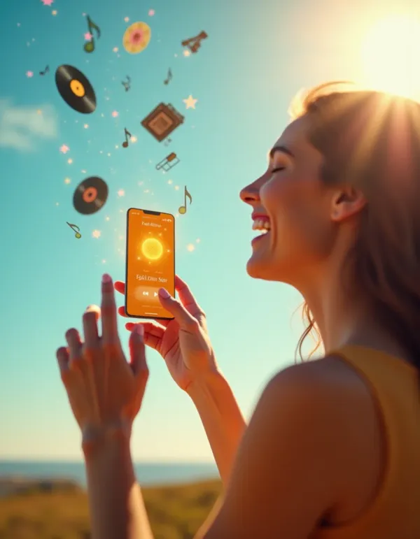 Person hits play; sunlit musical notes and instruments lift into the sky.