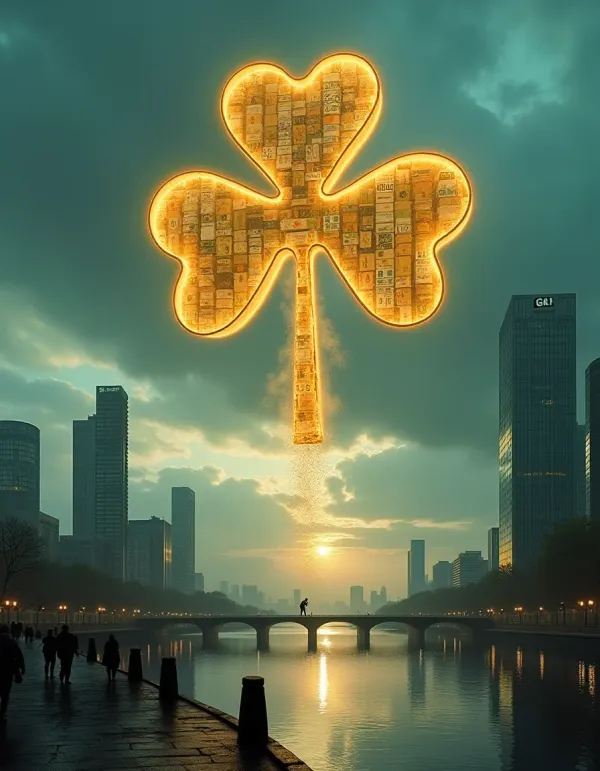 Dublin skyline with a golden shamrock dissolving into ghostly profit numbers.