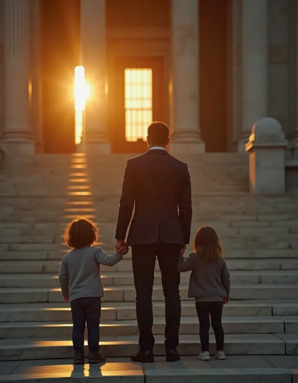 Parent and children on courthouse steps symbolizing protection and legal accountability.