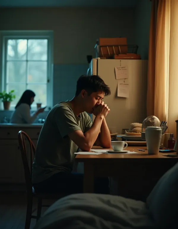 Cinematic scene of a stressed partner in a messy apartment, torn between help and self-care.
