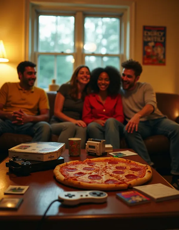 Warm, analog photo of friends at a retro pizza-and-movie night, evoking '90s nostalgia.