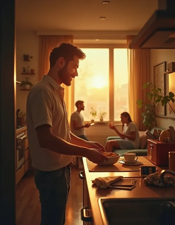 Cinematic montage of everyday acts where a man shows love through practical gestures.