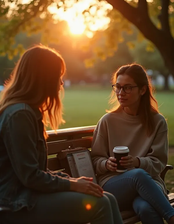 Two friends on a bench: gentle boundary and empathy in balance.