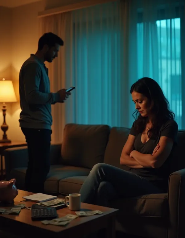 Tense cinematic scene of a couple after a secret debt payoff, showing hurt and regret.
