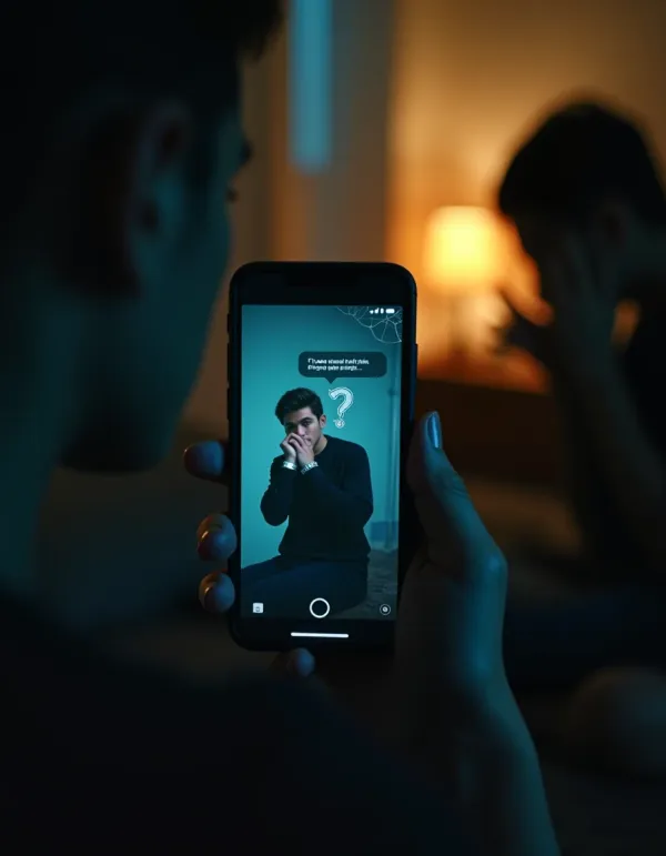 Tense cinematic scene: private AI meme on a phone causes emotional confrontation.