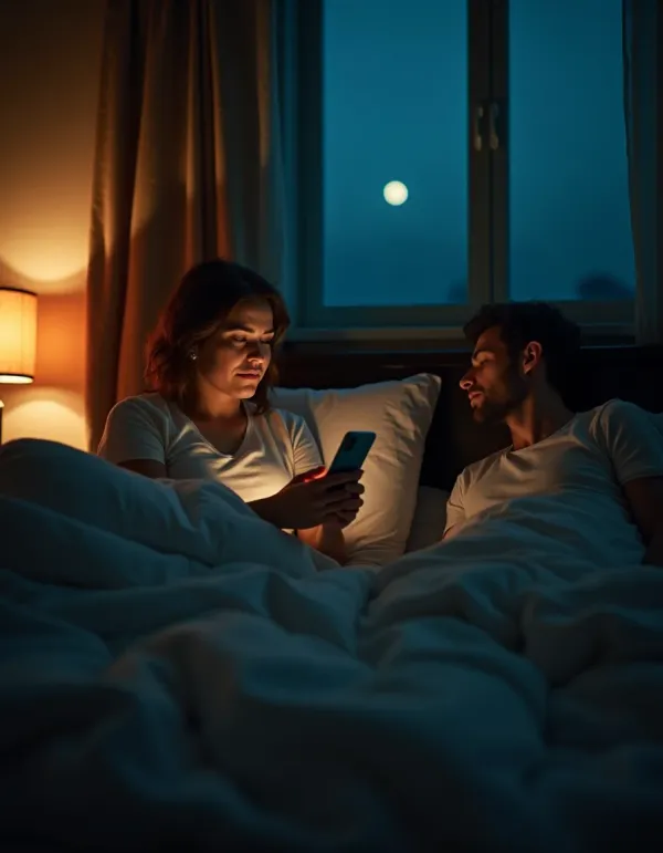 Woman records husband's snoring in dim bedroom, exhausted and concerned.