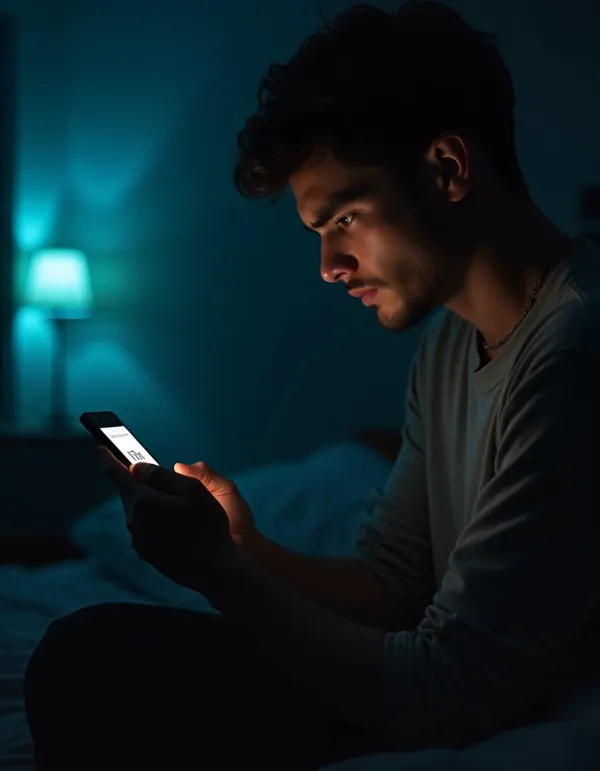 Man conflicted reading girlfriend’s email from an ex, cinematic emotional scene.