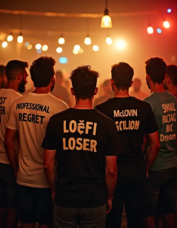 Back view of friends wearing roast-worthy bachelor party t-shirts with funny nicknames.