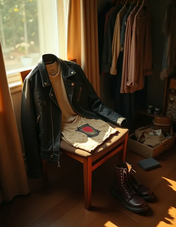 Cozy nostalgic still life of worn clothes, boots, photo and keepsake in warm afternoon light.
