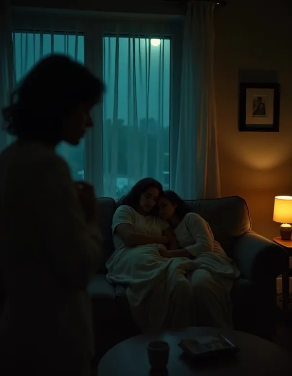 Partner surprised as girlfriend cuddles her twin brother on the couch.
