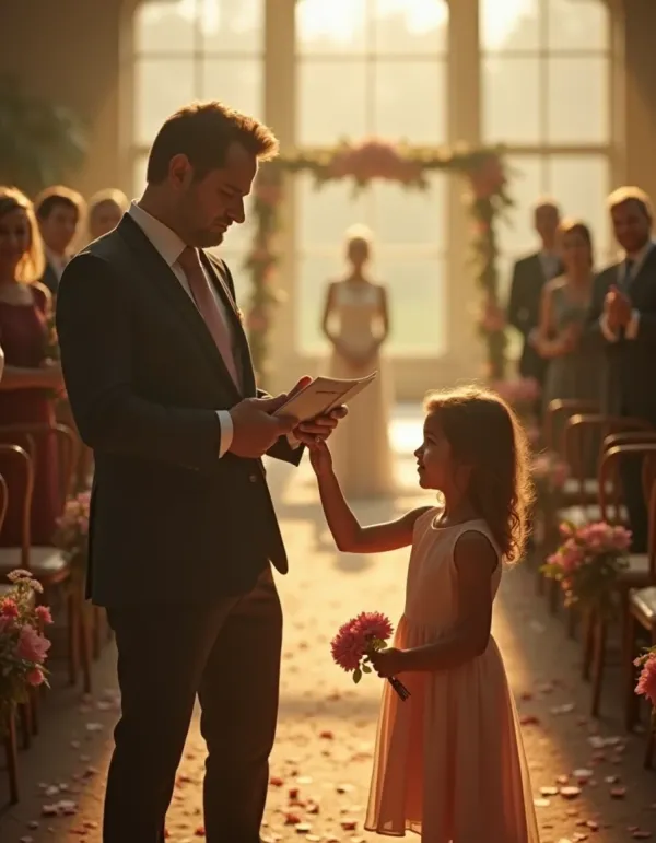 A conflicted family member hesitates at a wedding, torn between grief and supporting a child.