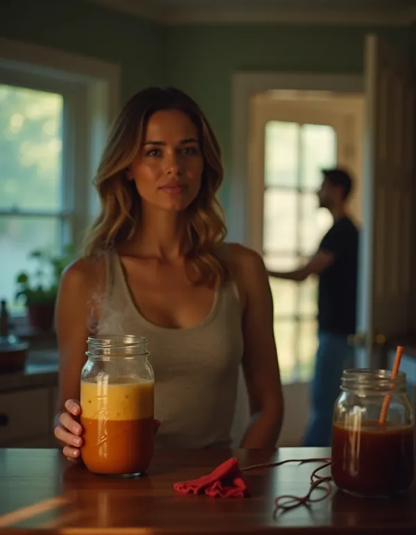 Tense kitchen scene: woman calmly holds a smoothie while partner angrily argues, cinematic mood.