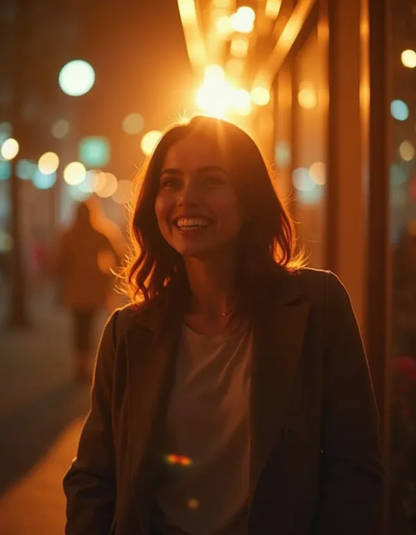 Cinematic scene of someone receiving subtle, flattering attention in a warm café.