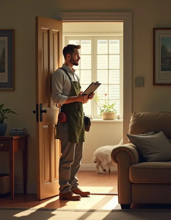 Tradesperson calmly offering a solution in a home with subtle pet cues.