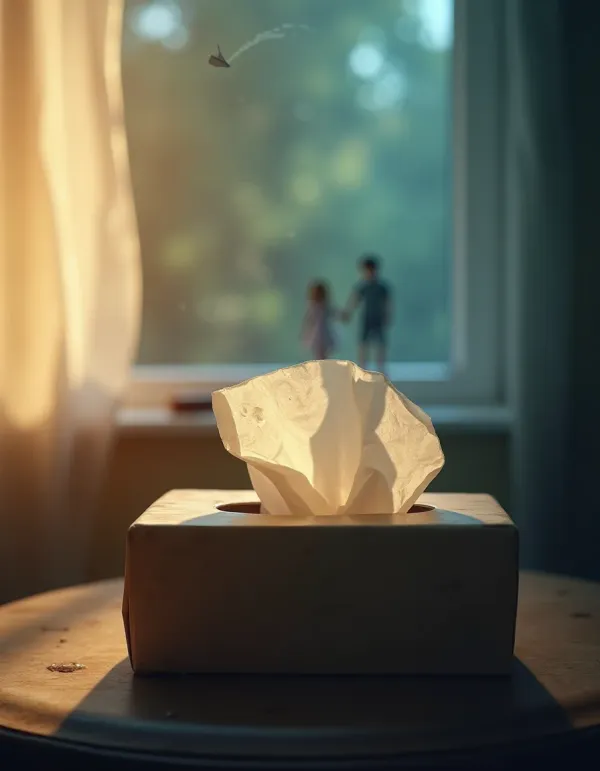 Close-up tissue box with a cinematic montage of memory, family, and quiet tears.
