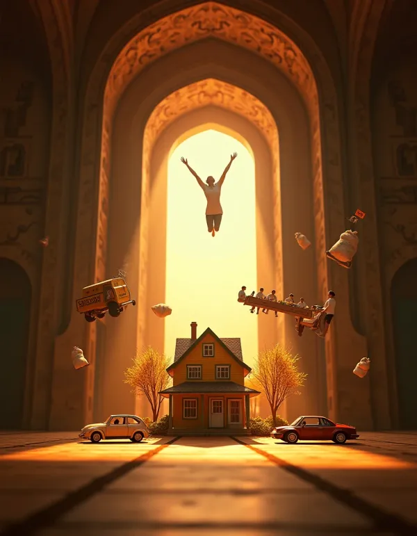 Cinematic scene of a vault spilling symbolic items representing personal and societal first purchases.