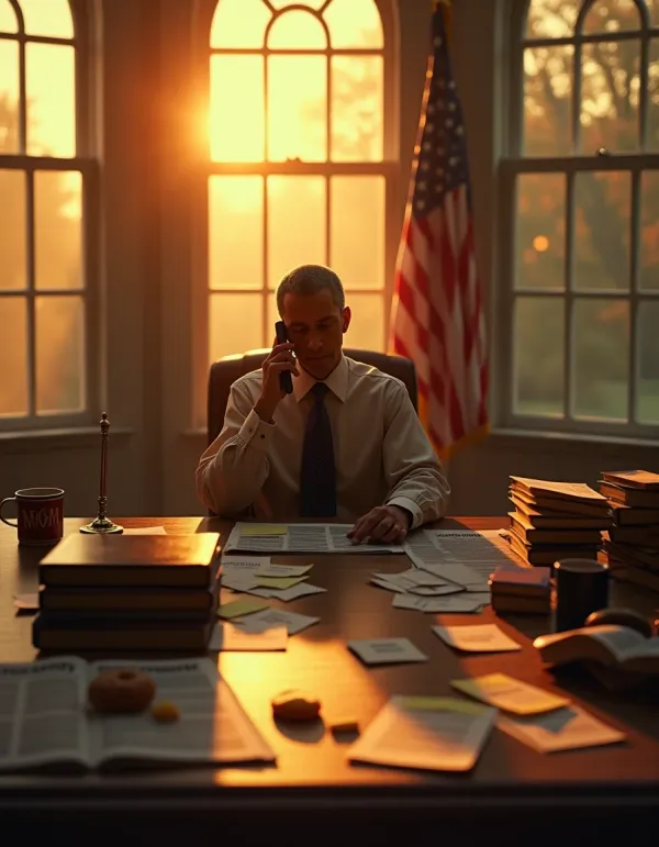 President contemplates first moves in a sunlit Oval Office, human and weighty.