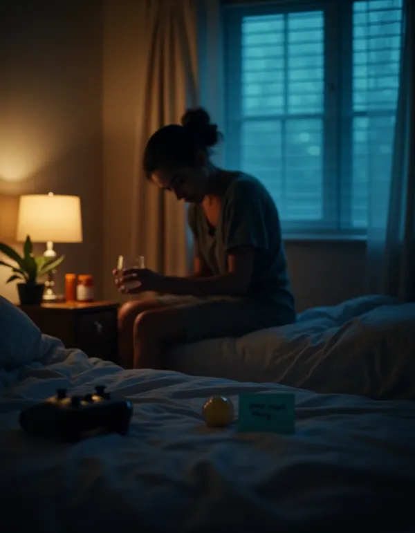 Person on bed reaching for a glass amid small objects symbolizing coping and hope