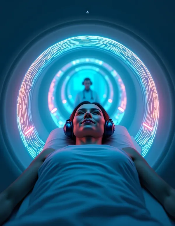 Patient inside an MRI bore with glowing coils and visualized sound waves.