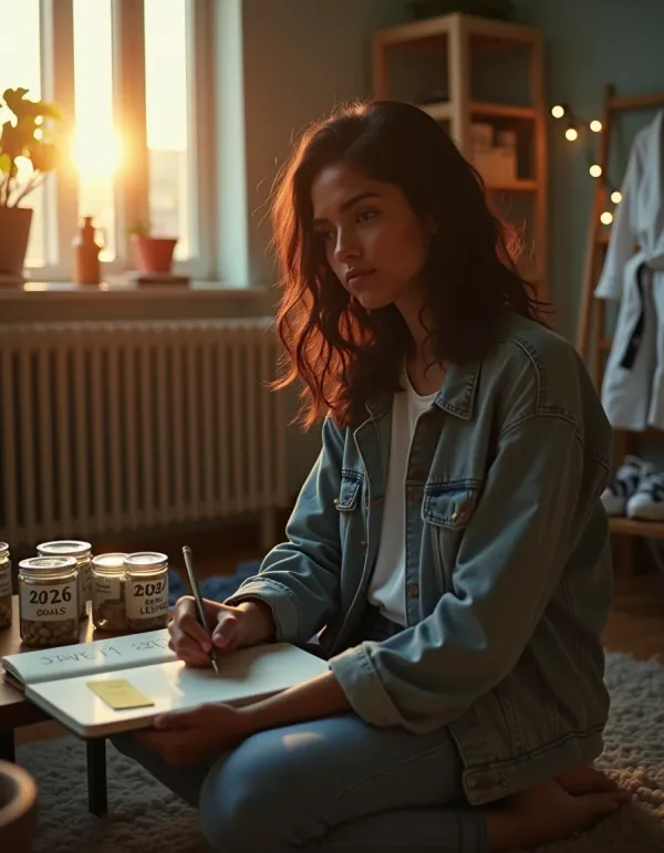 Late-20s person planning savings and social goals in a warm cinematic apartment scene.