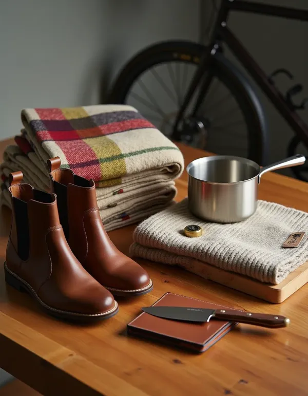 Still-life of Canadian-made heirloom goods: blanket, boots, pan, sweater, cutting board.