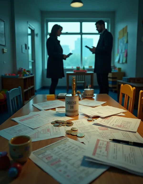 Cinematic scene of daycare funds leaking through paperwork, investigators in the background