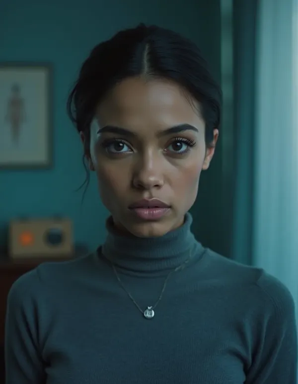 Cinematic portrait showing a pixelated bikini deepfake overlay and legal symbols.