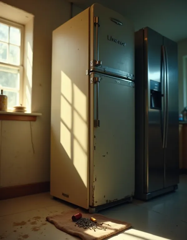 Split cinematic scene: durable vintage fridge vs fragile modern smart fridge.