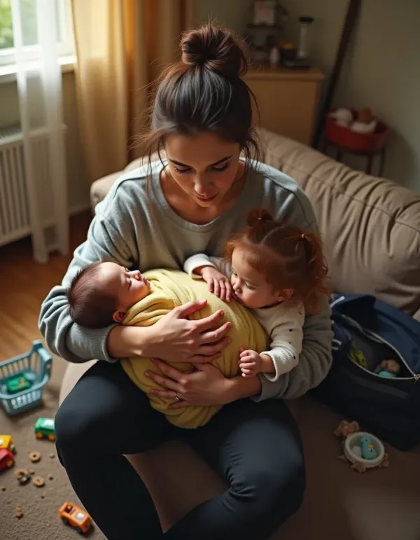 Weary parent cradles newborn while toddler tugs, surrounded by toys and laundry.