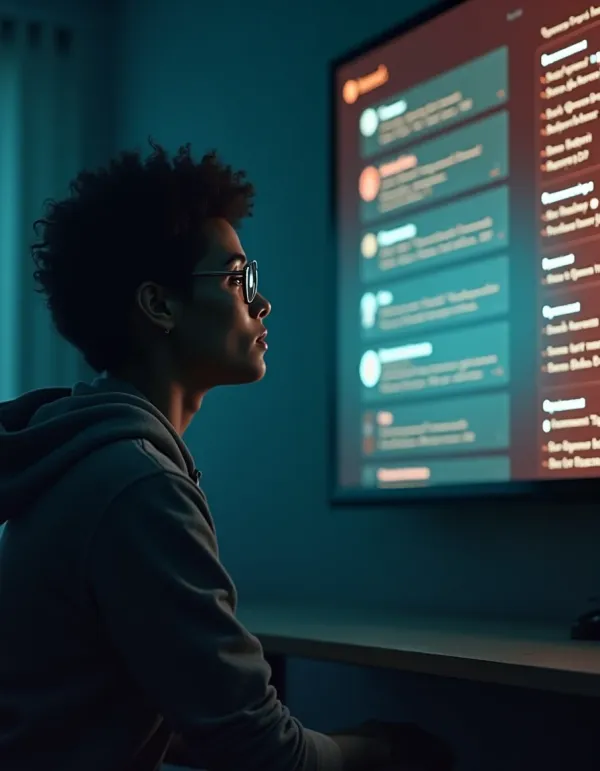 Weary user faces a hostile, bot-driven forum feed with looming downvote arrows.